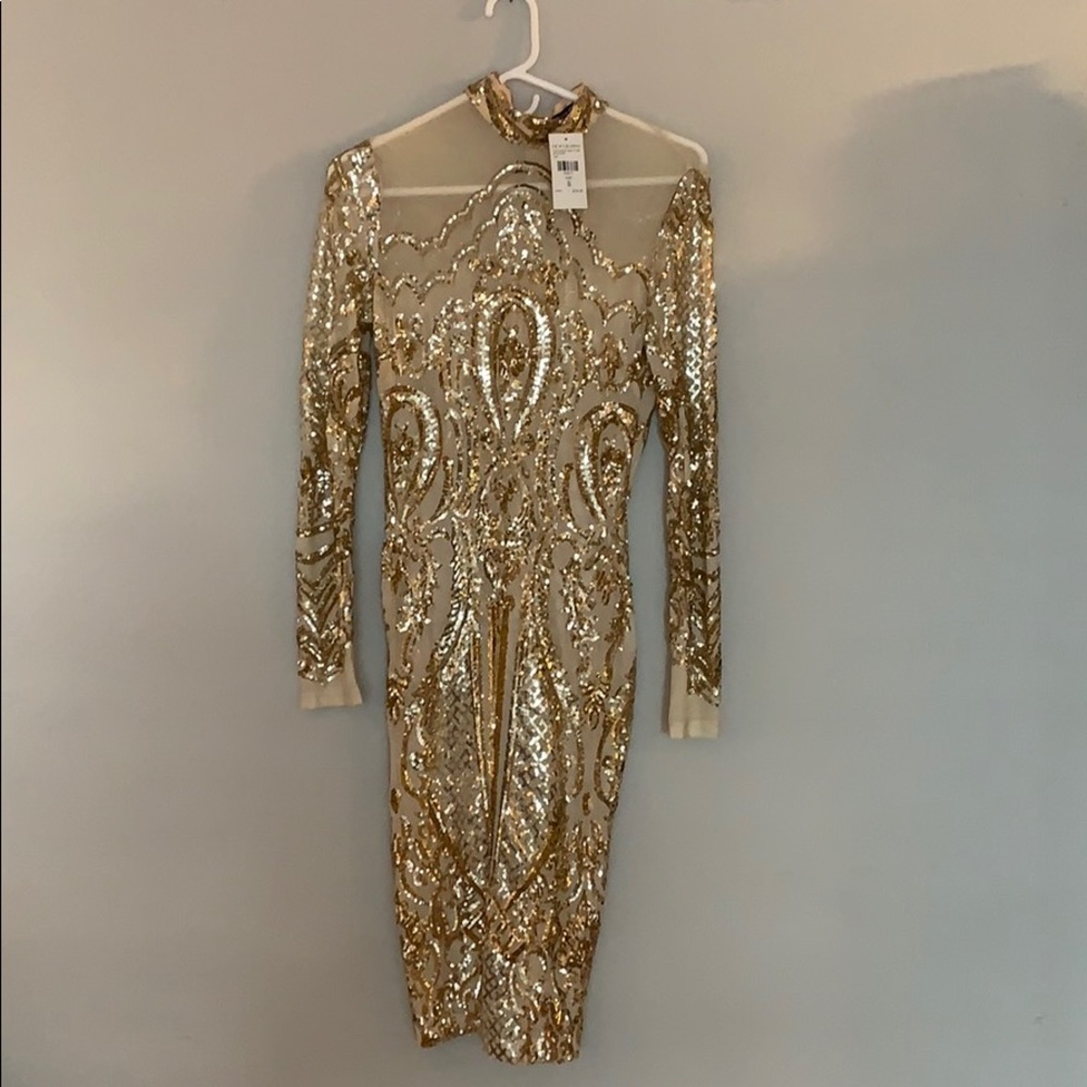 FASHION NOVA Gold Sequin Mesh Midi Dress Size S